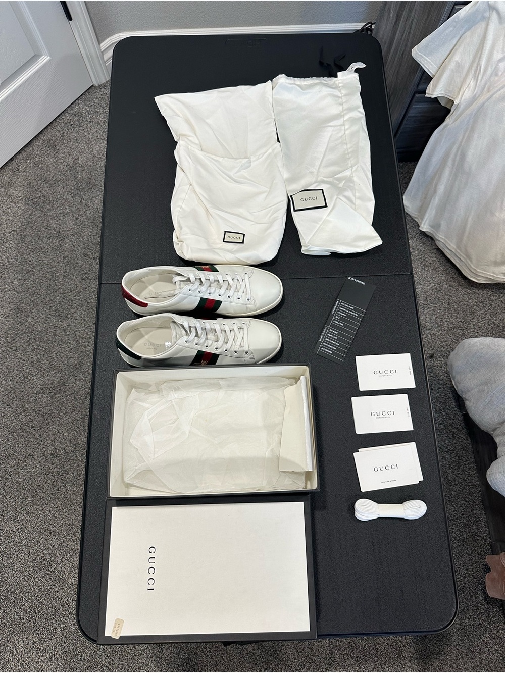 Gucci White Leather Sneakers with Red and Green Web Stripe